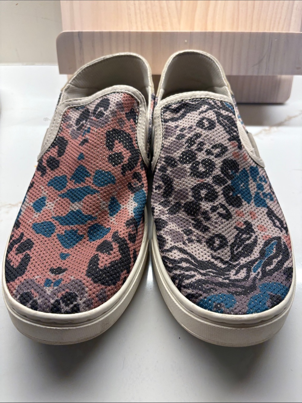 OluKai Women's Slip-On Mules in Pink, Blue & Cream Animal Print